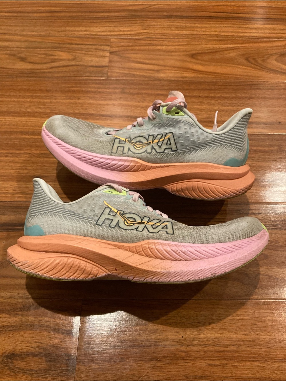 Hoka Women's Running Shoes in Gray with Pink & Peach Accents